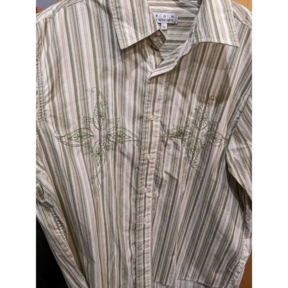 Ron‎ Chereskin Men Button Up Shirt XL Striped Cotton Blend Long Sleeve embroider